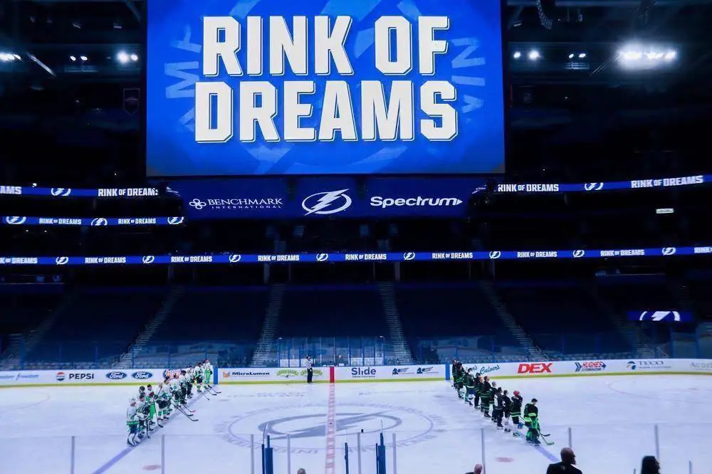 The Rink Of Dreams banner above the arena ice